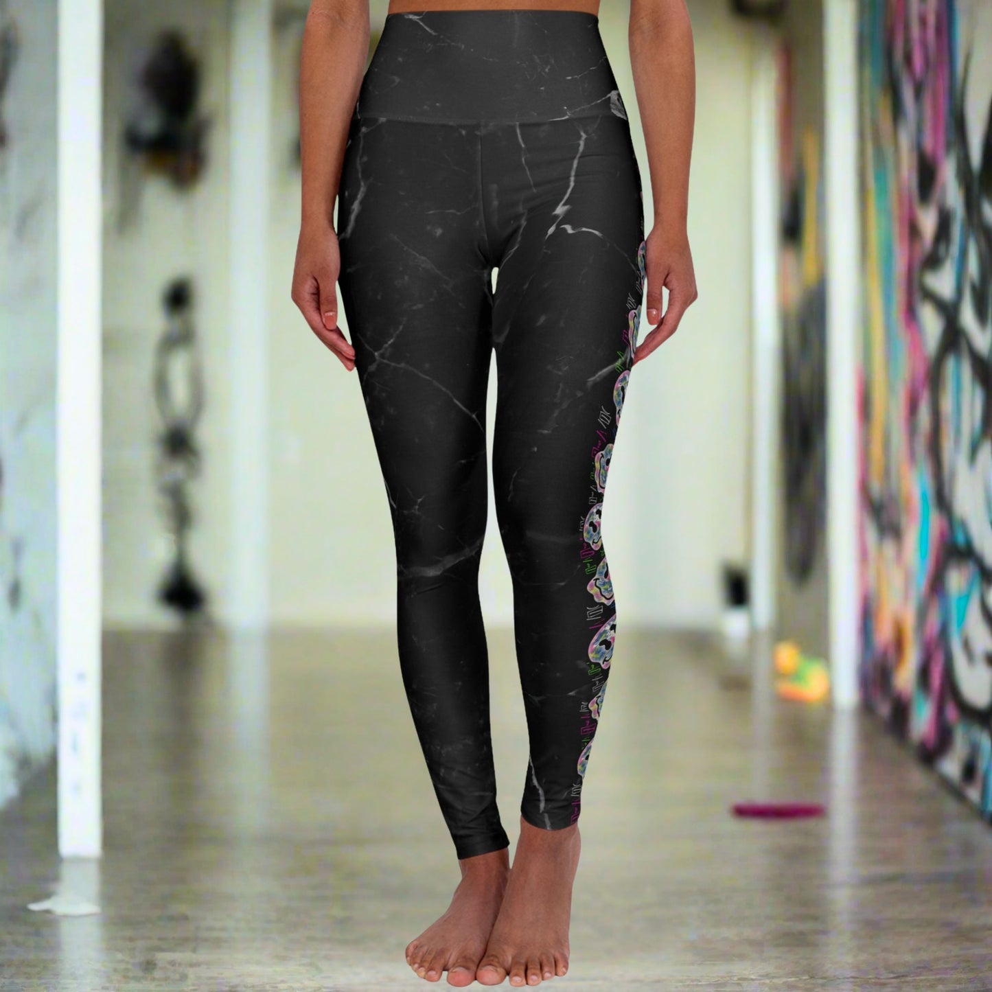 Graffiti Smiley Dark Gray Marble Yoga Leggings – Lightweight High-Waist Streetwear & Lounge Activewear