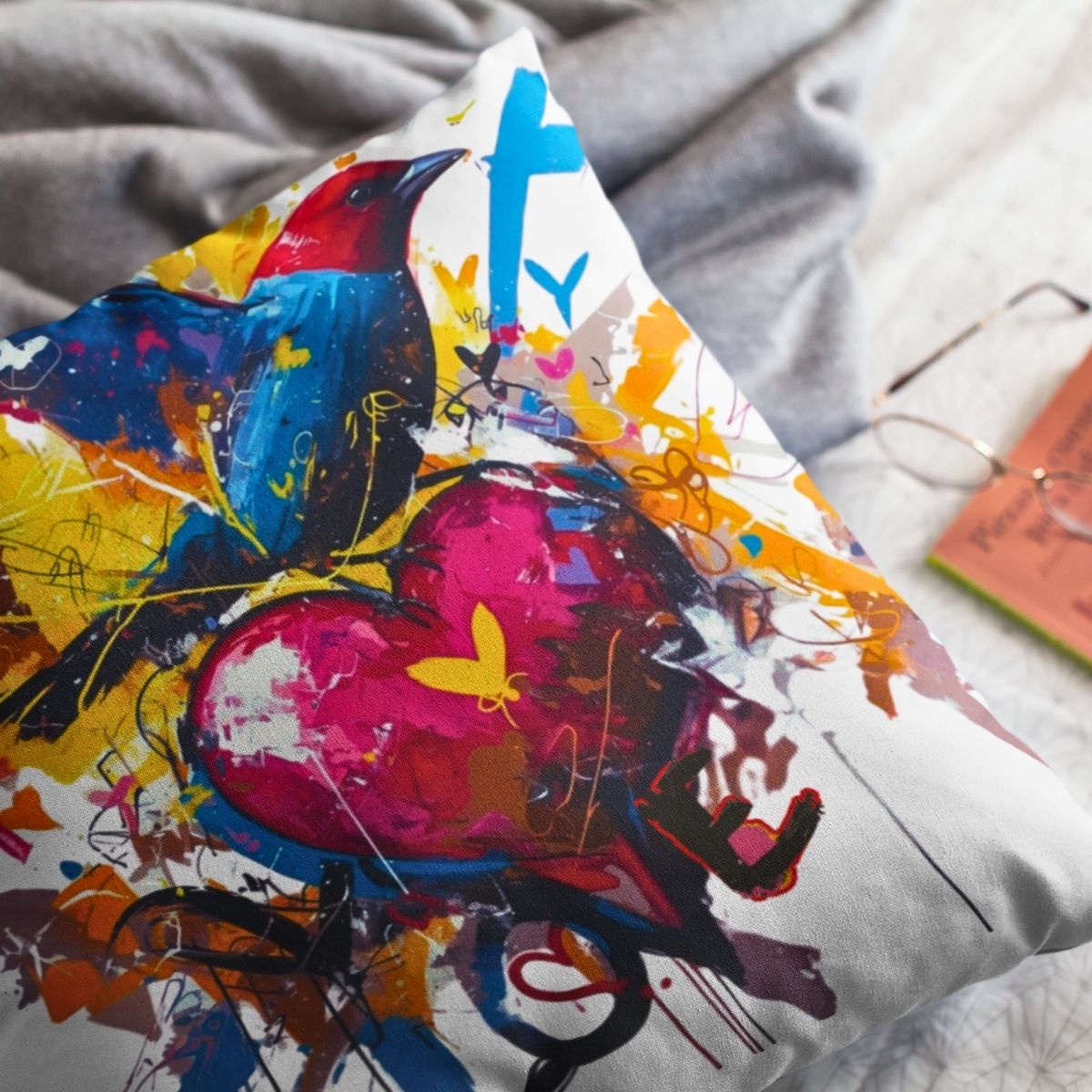 Graffiti Bird Love Pillowcase – Color Splash Design - White