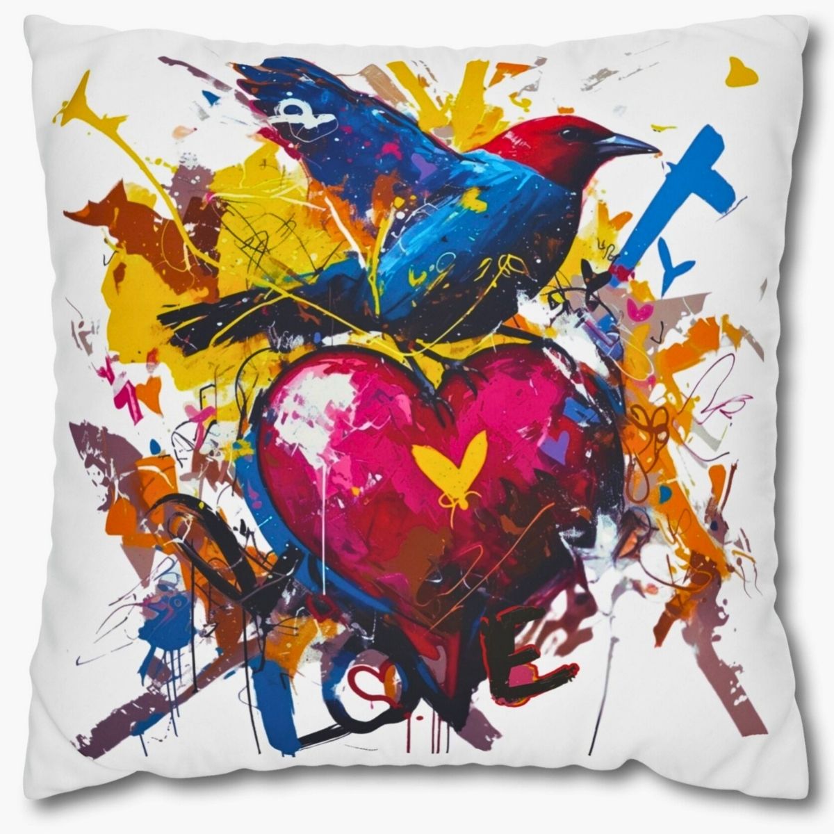 Graffiti Bird Love Pillowcase – Color Splash Design - White