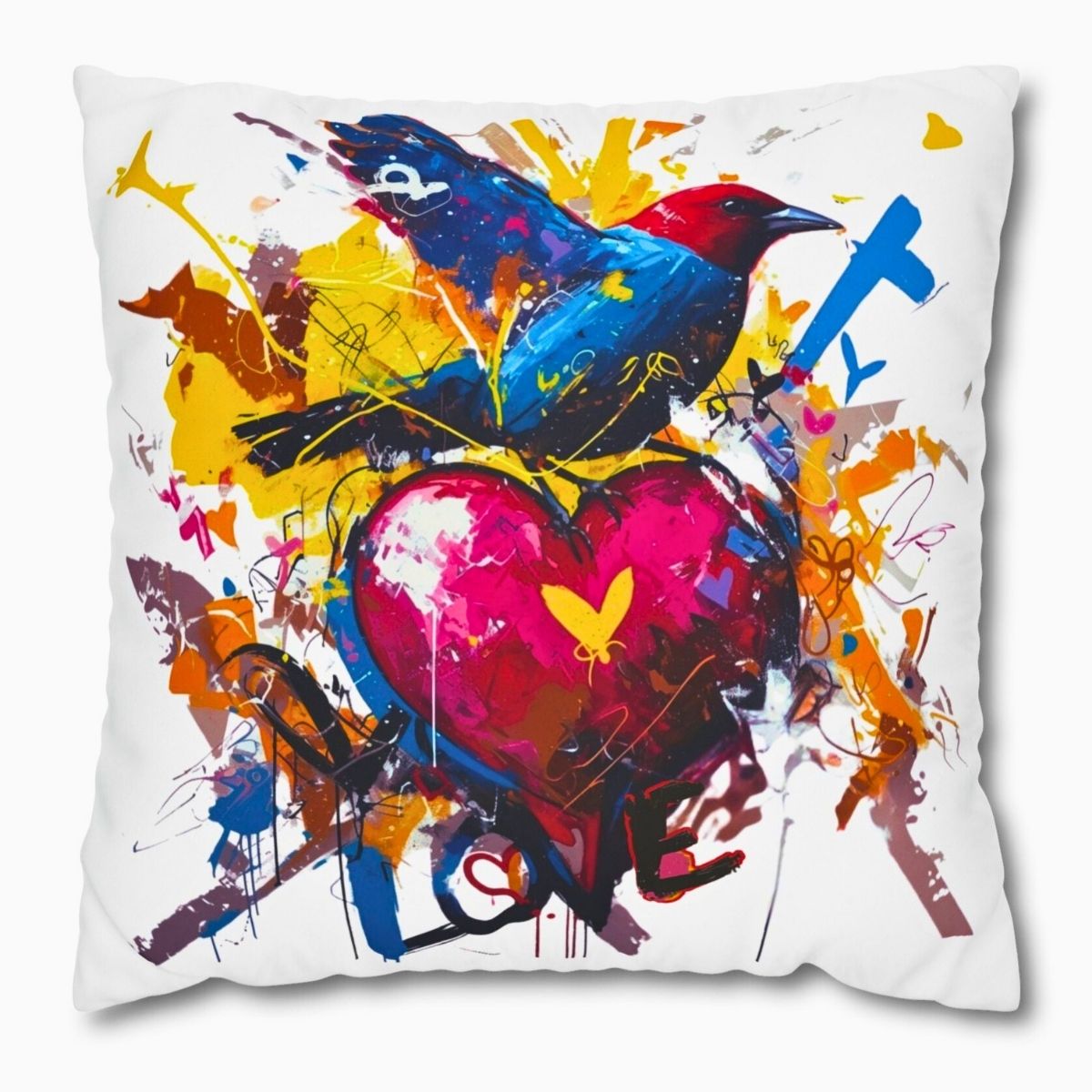 Graffiti Bird Love Pillowcase – Color Splash Design - White