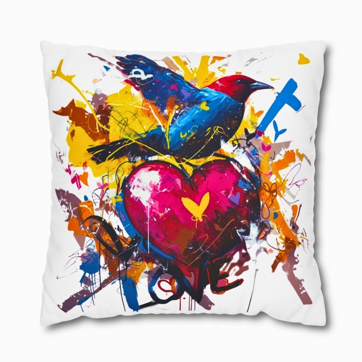 Graffiti Bird Love Pillowcase – Color Splash Design - White