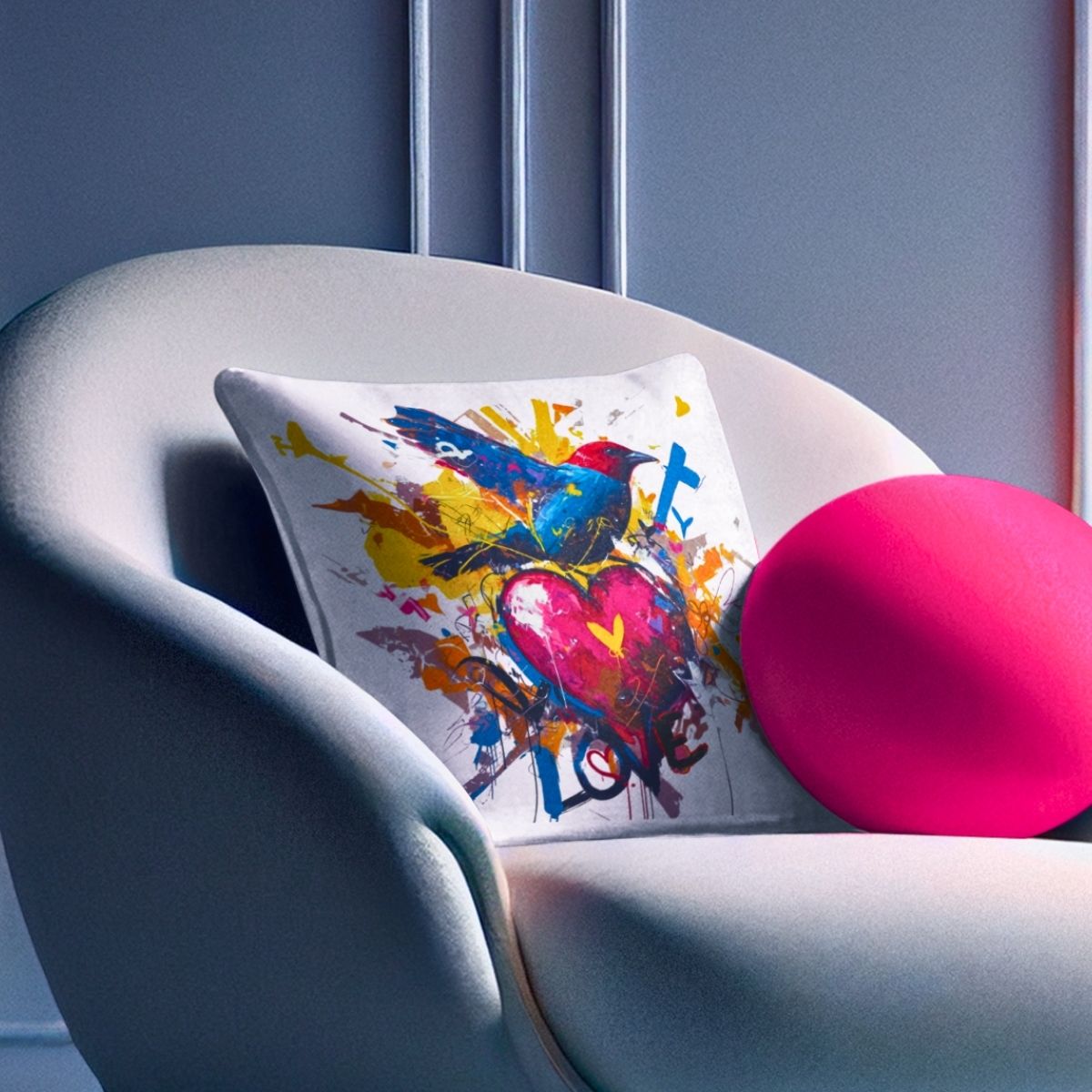 Graffiti Bird Love Pillowcase – Color Splash Design - White