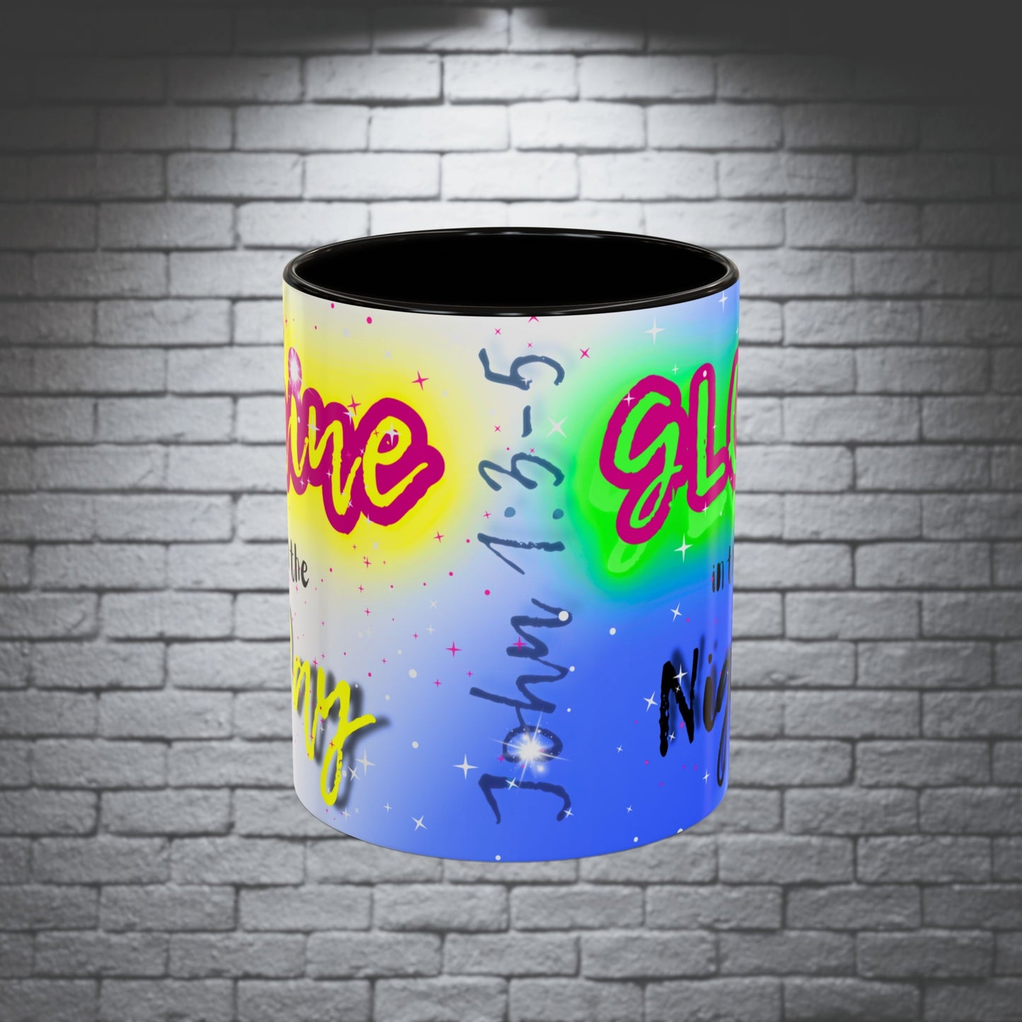 ✨Graffiti Neon Shine & Glow Mug – John 1:3-5 Bible Verse - 11oz Mug