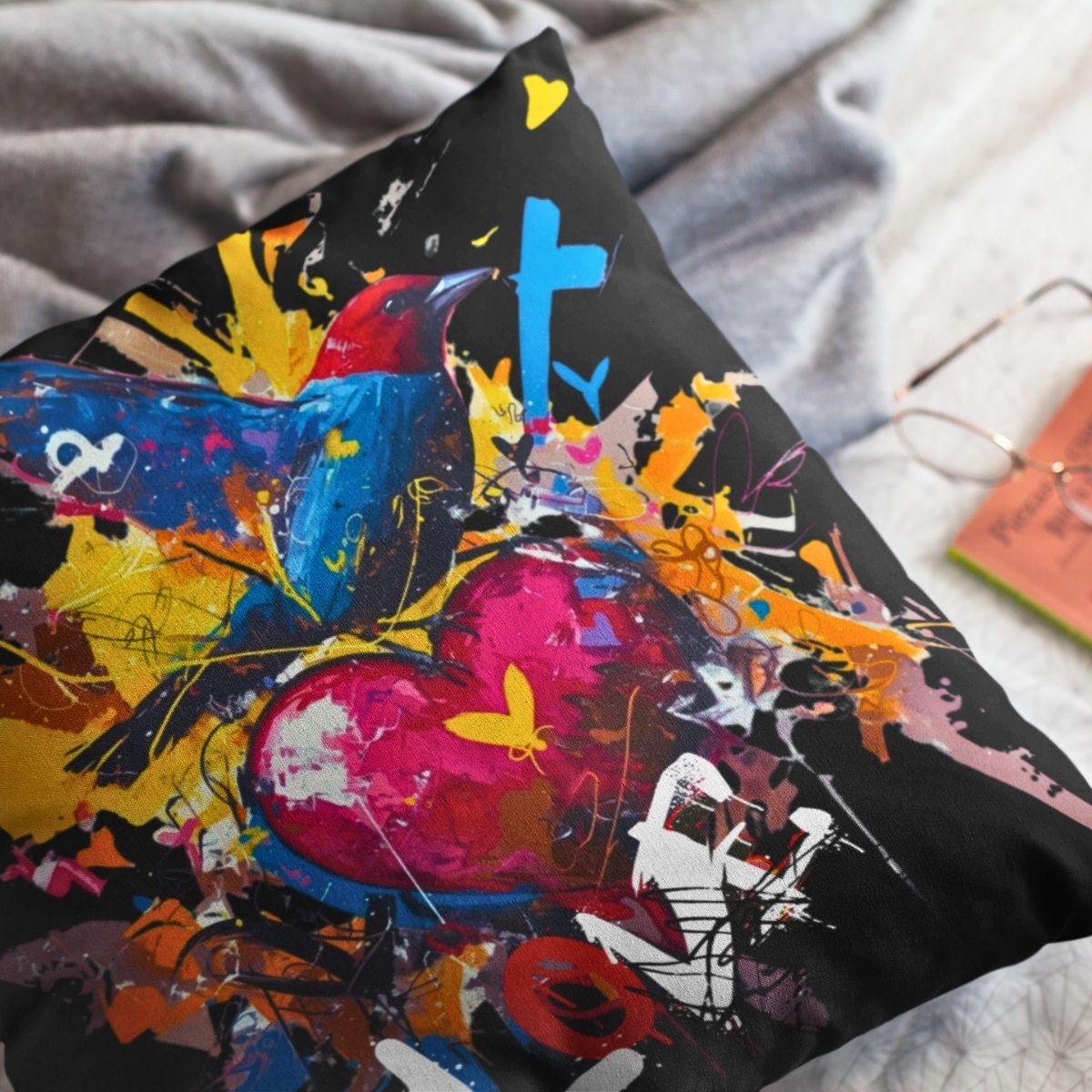 Graffiti Bird Love Pillowcase – Color Splash Design - Black